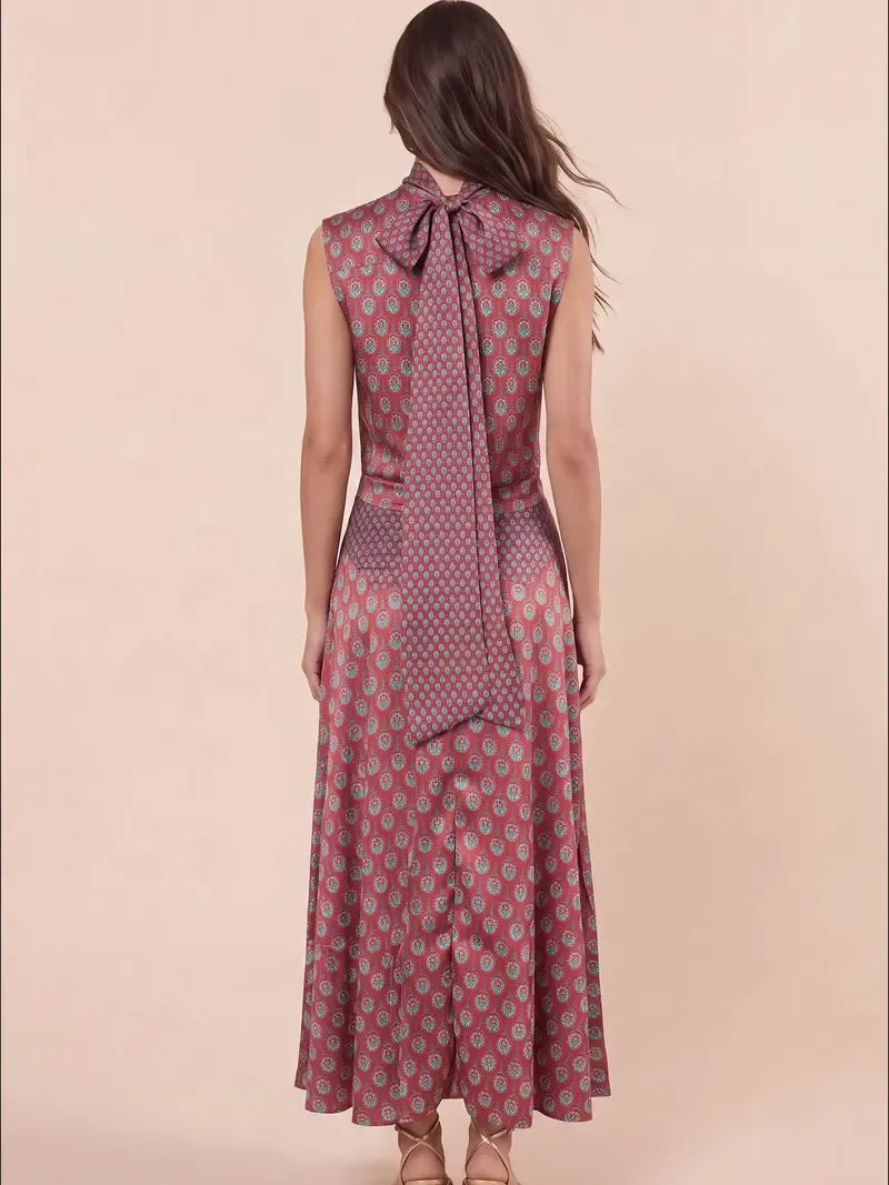 Women's Tie Neck Satin Print 2 Piece Set