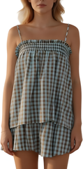 🥰Women's Sleeveless Plaid Cami Tank Tops Wide Leg Shorts Sets