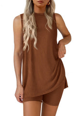 Women Summer Matching 2 Piece Outfit Split Hem Top & Shorts Set