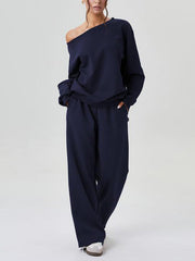 ✨Women's Off-Shoulder Long Sleeve Top & Wide-Leg Pants Set