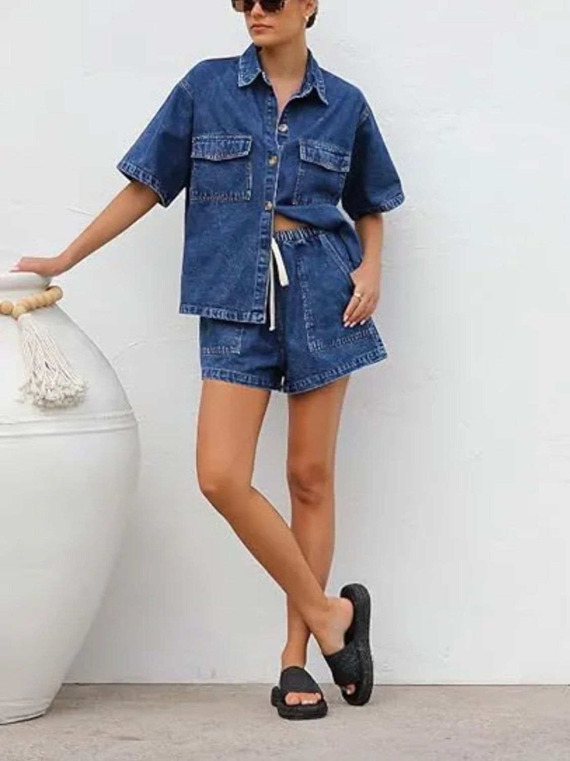 WOMEN'S WASH DENIM SHIRT & SHORTS TWO-PIECE SET