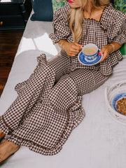 Women's Plaid Ruffle Puff Sleeve Pajamas Set