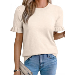 Women's Crew Neck Ruffle Short Sleeve Knit Top