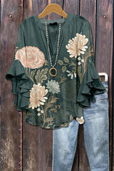 Women's Mixed Floral Print Ruffle Bell Sleeve Top