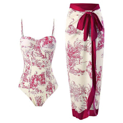 Women Adjustable Shoulder Strip Plant Prints One Piece Swimsuit and Skirt/Sarong