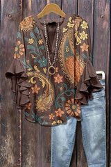 Women's Mixed Floral Print Ruffle Bell Sleeve Top