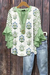 Women's Mixed Floral Print Ruffle Bell Sleeve Top