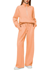 Women's Oversized Half Zip Wide Leg 2 Piece Outfits Lounge Set