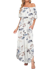 ⏰Hot Sale-Women's Off Shoulder Ruffle Short Sleeve Side Split Maxi Dresses with Pockets