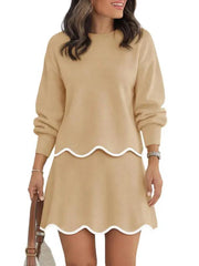 Women Puff Long Sleeve Crewneck Top Scalloped Mini Skirt 2 Piece Knit Set