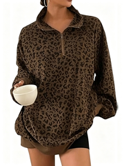 Women Half Zip Leopard Print Oversized Drop Shoulder Pullover