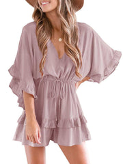 Womens V Neck Ruffle Layered Drawstring Waisted Shorts Jumpsuit
