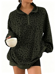 Women Half Zip Leopard Print Oversized Drop Shoulder Pullover