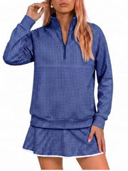 Women Classic Gingham Half‑Zip Top & Layered Skort Casual Sports Two‑Piece Set