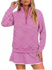 Women Classic Gingham Half‑Zip Top & Layered Skort Casual Sports Two‑Piece Set