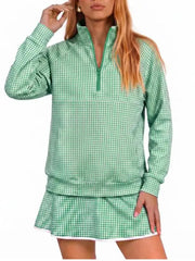 Women Classic Gingham Half‑Zip Top & Layered Skort Casual Sports Two‑Piece Set