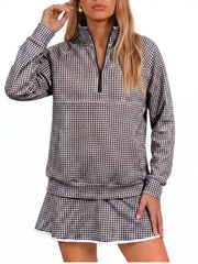 Women Classic Gingham Half‑Zip Top & Layered Skort Casual Sports Two‑Piece Set