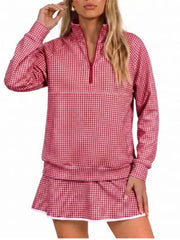 Women Classic Gingham Half‑Zip Top & Layered Skort Casual Sports Two‑Piece Set