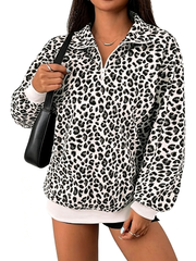 Women Half Zip Leopard Print Oversized Drop Shoulder Pullover