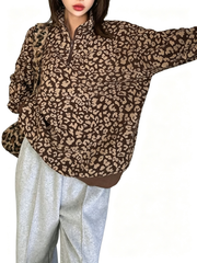 Women Half Zip Leopard Print Oversized Drop Shoulder Pullover