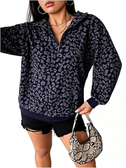Women Half Zip Leopard Print Oversized Drop Shoulder Pullover
