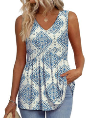 ⏰Hot Sale-Women's Print Flowy Sleeveless V Neck Peplum Tank Tops