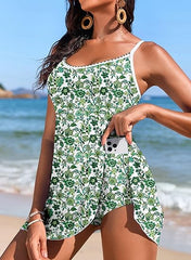 Women's Ditsy Floral Spaghetti Strap Skirted One Piece Swimsuit With Pockets