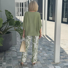 Trendy Green Print 3/4 Sleeve Two Piece Set