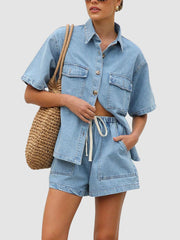 Women's wash denim shirt & shorts two-piece set