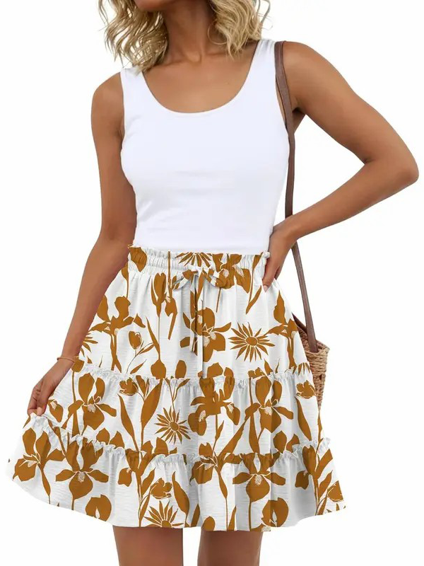 Women Flowy Skorts Built-in Shorts Floral Ruffle Tiered Skirts with Pockets