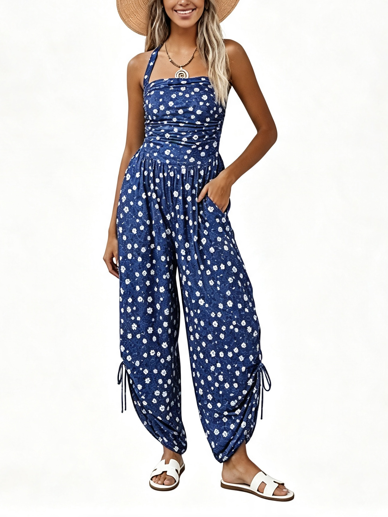 Women Halter Square Neck Sleeveless Ruched Barrel Wide Leg Side Cinch Jumpsuit