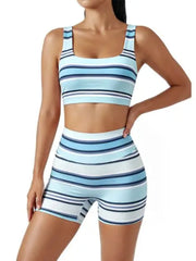 Women’s Rainbow Stripe 2 Piece Workout Set Tank Top High Shorts Matching