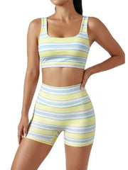 Women’s Rainbow Stripe 2 Piece Workout Set Tank Top High Shorts Matching