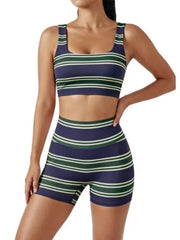 Women’s Rainbow Stripe 2 Piece Workout Set Tank Top High Shorts Matching
