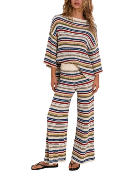 Women Striped Knit Two‑Piece Set Crew Neck 3/4 Sleeve Loose Top Wide Leg Pants