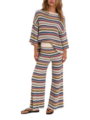 Women Striped Knit Two‑Piece Set Crew Neck 3/4 Sleeve Loose Top Wide Leg Pants