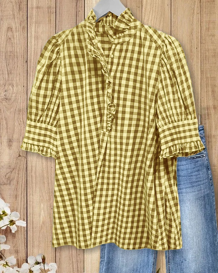 Women's Plaid Top Ruffles Trim Puff Sleeve Blouse