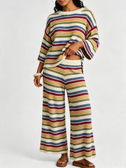 Women Striped Knit Two‑Piece Set Crew Neck 3/4 Sleeve Loose Top Wide Leg Pants