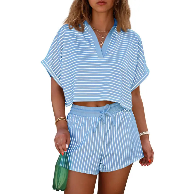 Women's striped two-piece short suit, summer short-sleeved collared V-neck crop top