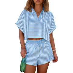 Women's striped two-piece short suit, summer short-sleeved collared V-neck crop top