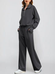 Women's Oversized Half Zip Wide Leg 2 Piece Outfits Lounge Set