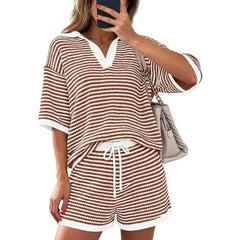 Women’s Striped 2 Piece Lounge Set Short Sleeve V Neck Top Drawstring Shorts Beach Summer Outfits