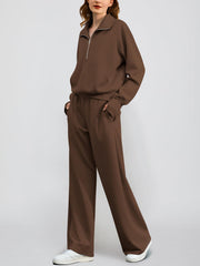 Women's Oversized Half Zip Wide Leg 2 Piece Outfits Lounge Set