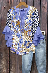 Women's Mixed Floral Print Ruffle Bell Sleeve Top