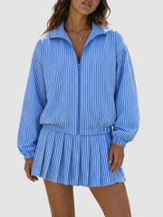 Women Casual Vertical Textured Two‑Piece Zip Jacket High Waist Pleated Skirt