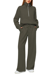 Women's Oversized Half Zip Wide Leg 2 Piece Outfits Lounge Set