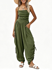 Women Halter Square Neck Sleeveless Ruched Barrel Wide Leg Side Cinch Jumpsuit