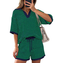 Women’s Striped 2 Piece Lounge Set Short Sleeve V Neck Top Drawstring Shorts Beach Summer Outfits