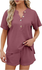 Women's Waffle Short Sleeve Button Top with Shorts Lounge Sets
