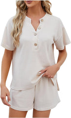 Women's Waffle Short Sleeve Button Top with Shorts Lounge Sets